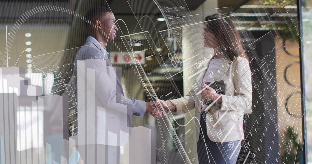 Professionals Shaking Hands with Overlapped Analytics