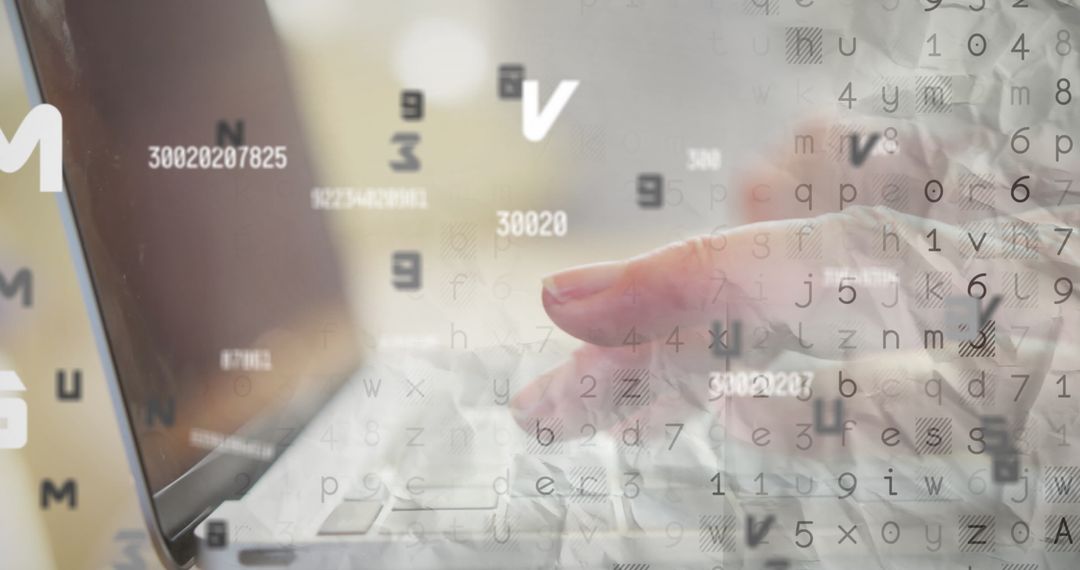 Senior Woman Tapping Laptop Keyboard with Floating Digital Code
