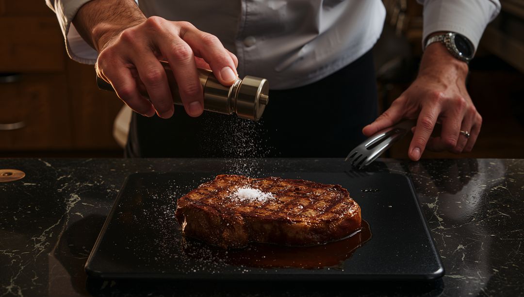 Chef Seasoning Gourmet Steak with Salt in Rustic Kitchen