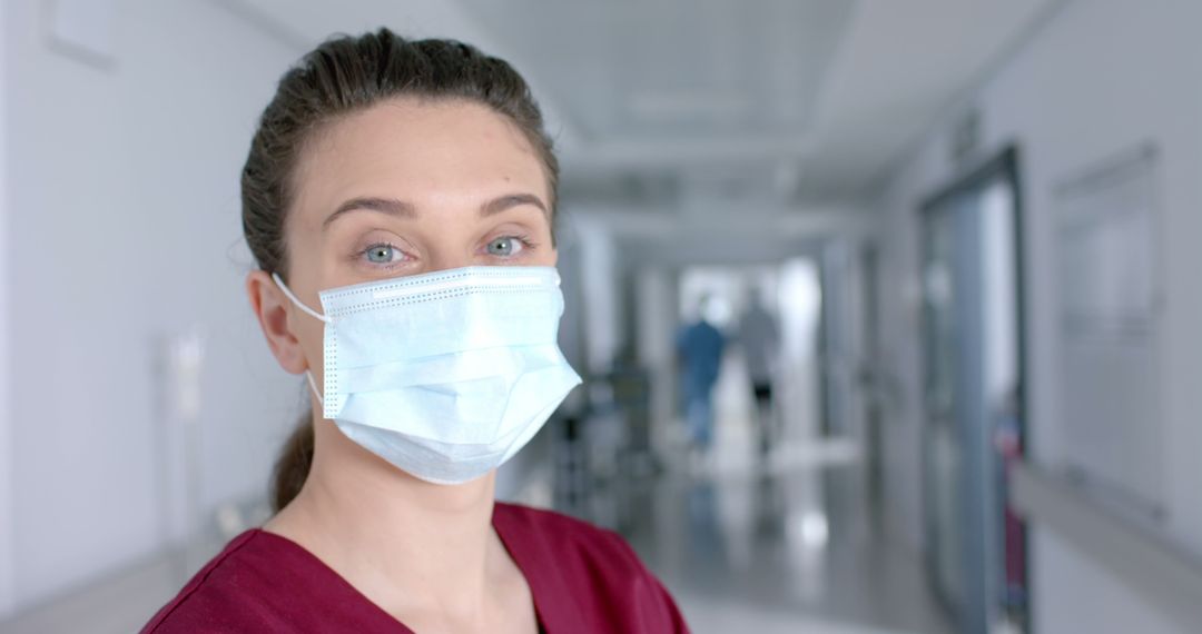 Young Female Nurse Wearing Mask in Hospital Corridor - Free Images, Stock Photos and Pictures on Pikwizard.com