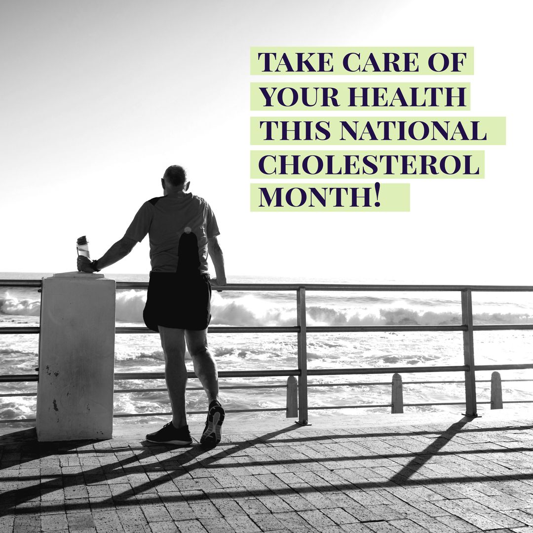 Man Exercising Coastal Boardwalk Highlights Cholesterol Awareness