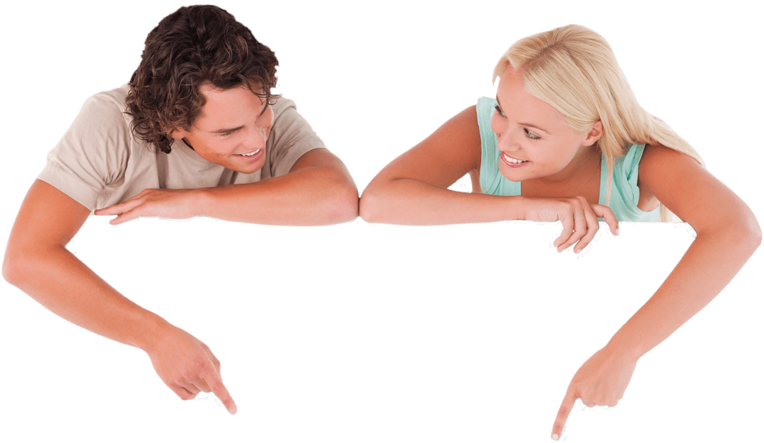 Couple Pointing at Blank Transparent Space