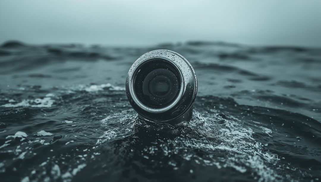 Floating Waterproof Camera Lens Housing Bobbing in Moody Ocean Water with Droplets