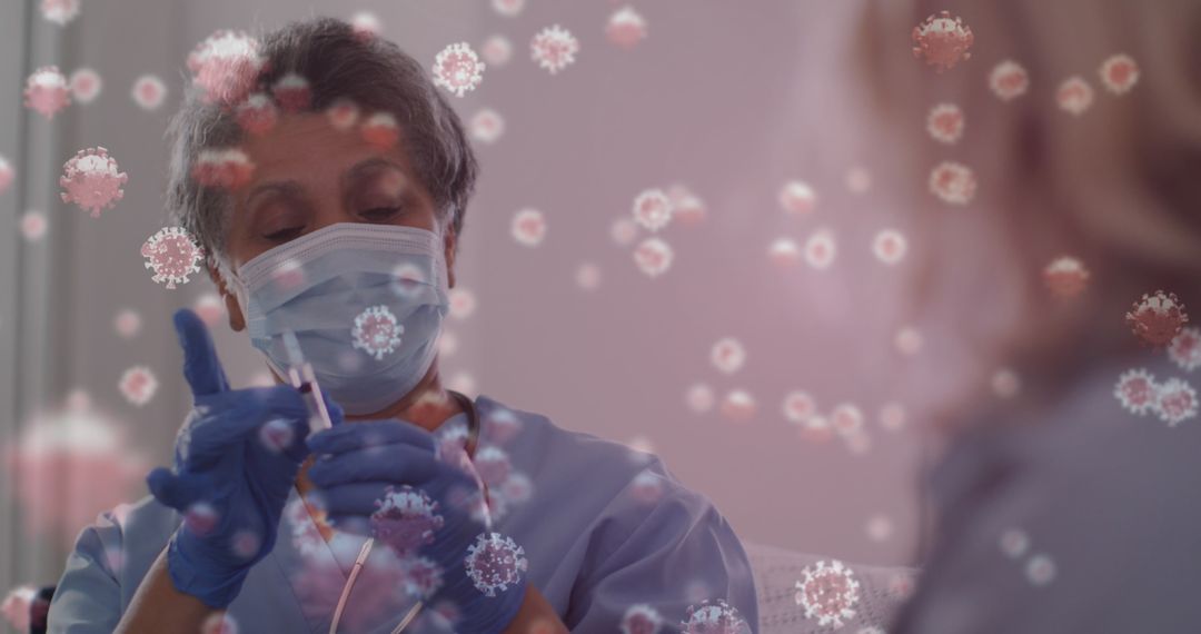 Healthcare Worker Preparing COVID-19 Vaccine Surrounded by Virus Particles