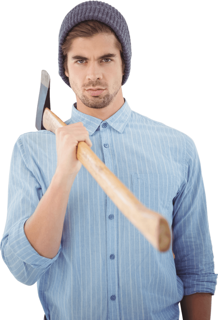 Serious Hipster Holding Axe Isolated on Transparent Background