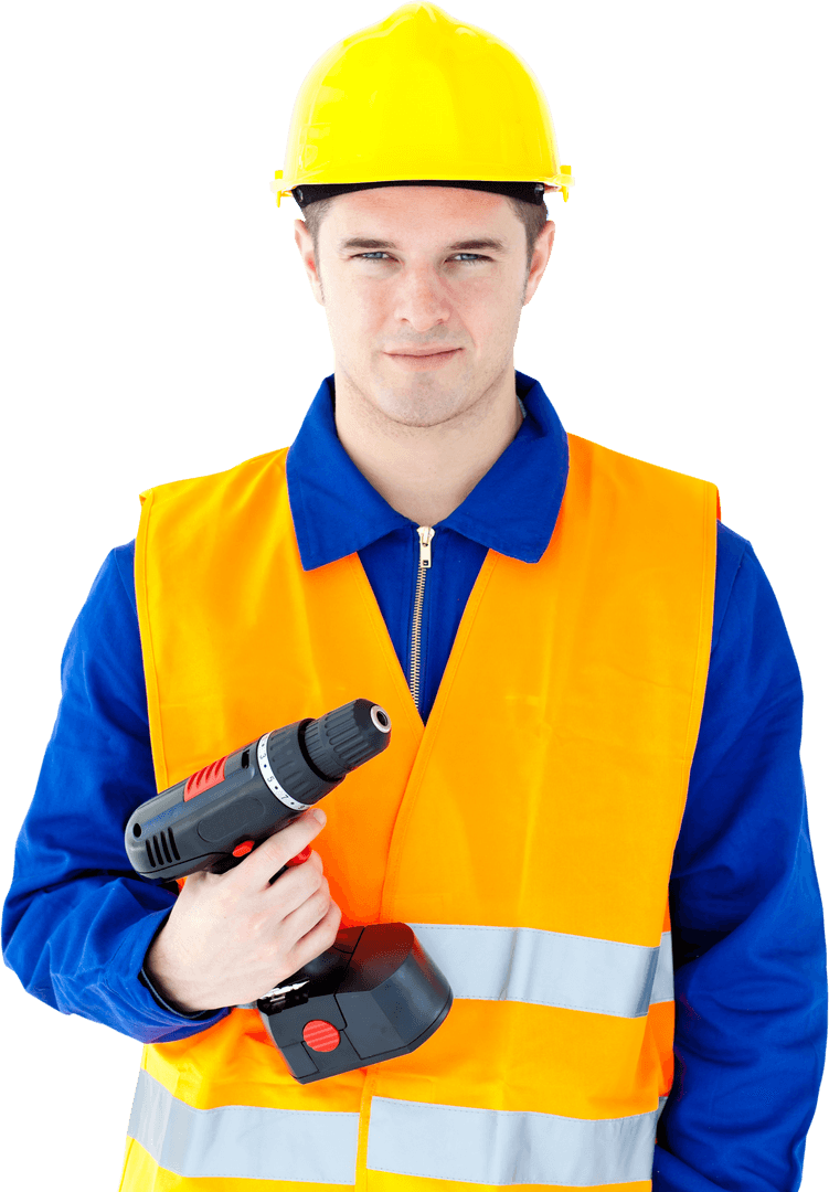 Transparent Worker Holding Cordless Drill in Safety Gear