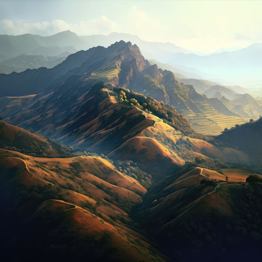 Sunlit Mountain Range with Rolling Hills and Valleys - Free Images, Stock Photos and Pictures on Pikwizard.com