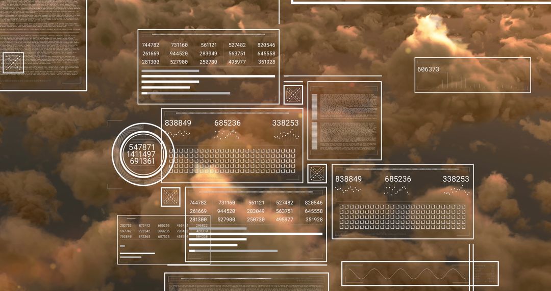 Digital Interface Panels Above Clouds Representing Data Visualization