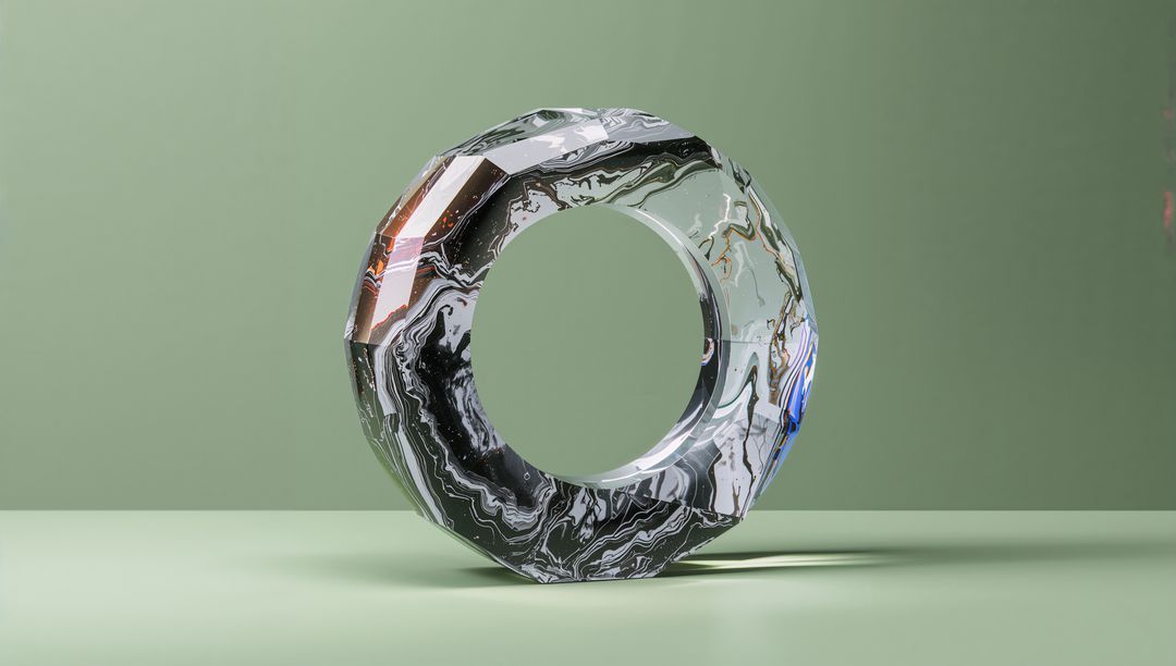 Marbled Torus Sculpture on Green Surface in Minimalist Style