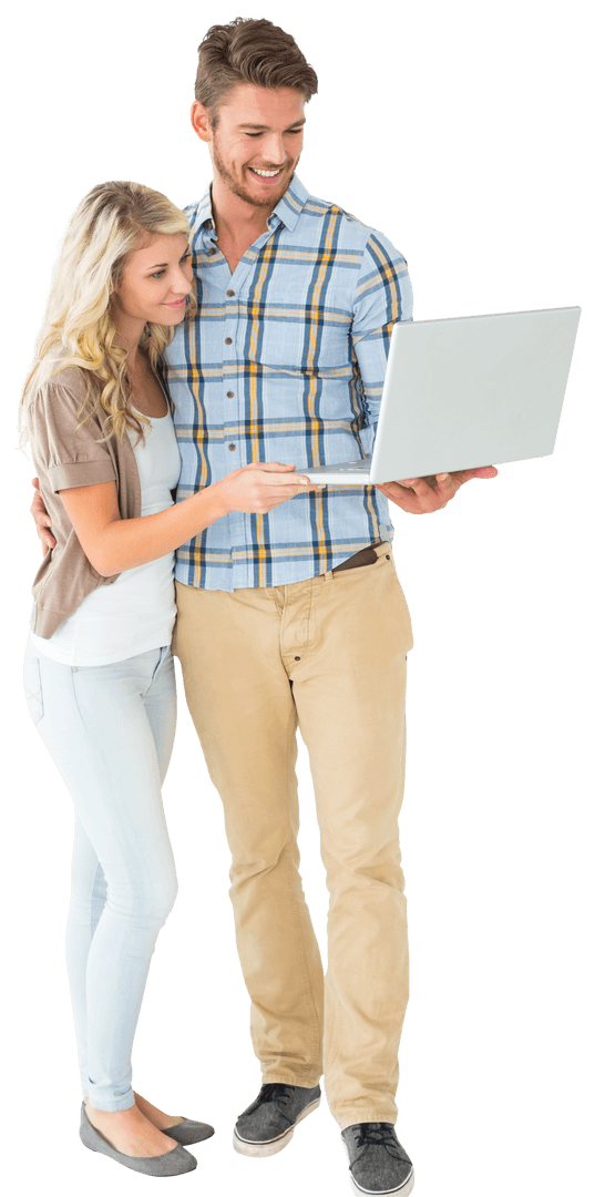 Transparent View of Couple Using Laptop with Interested Expressions