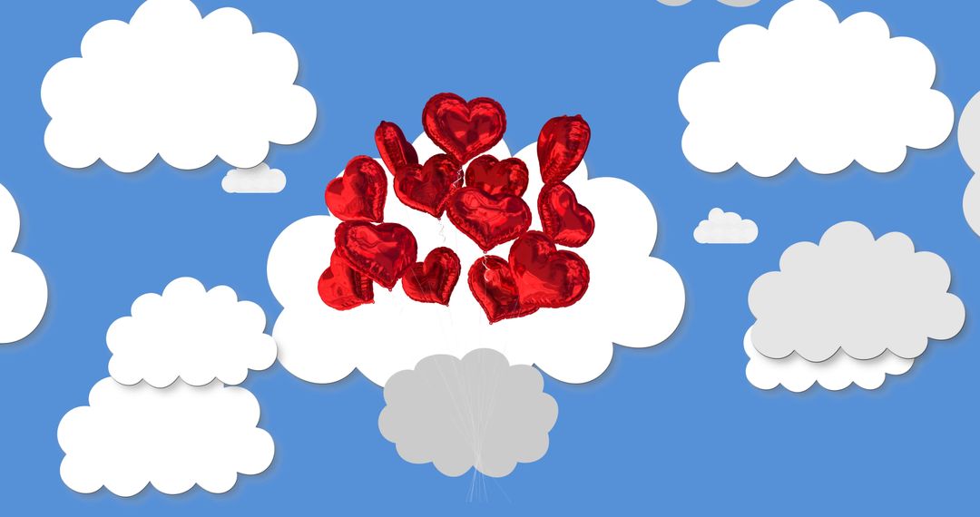 Heart Balloons Floating Among Fluffy Clouds with Blue Sky