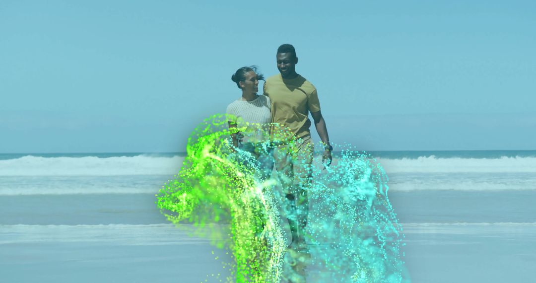 Couple Walking on Beach with Futuristic Digital Particles