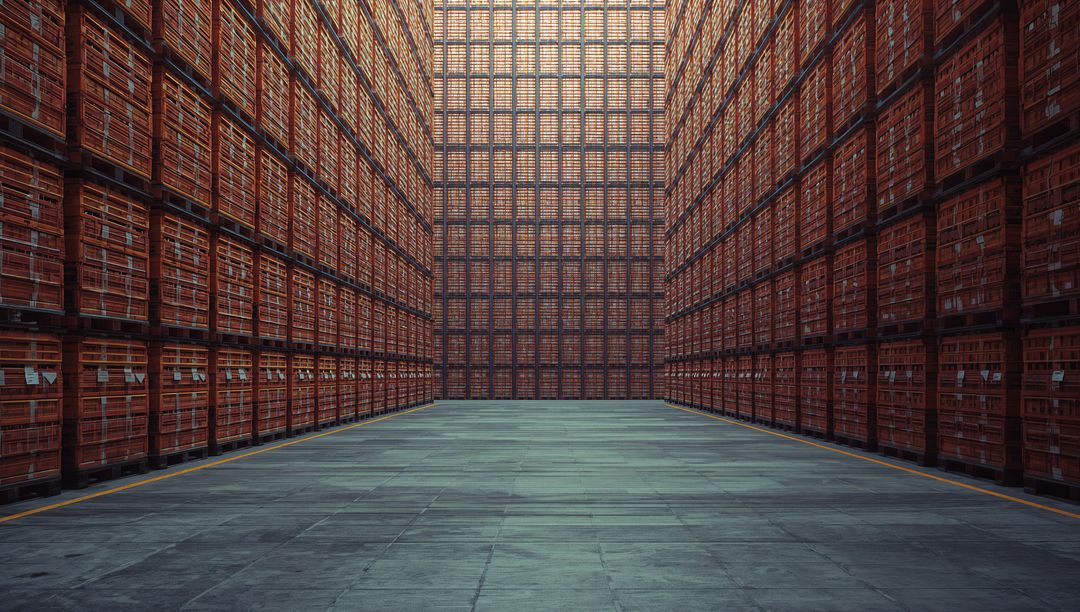 Vast Modern Warehouse with Stacked Orange Crates Exemplifying Efficient Storage