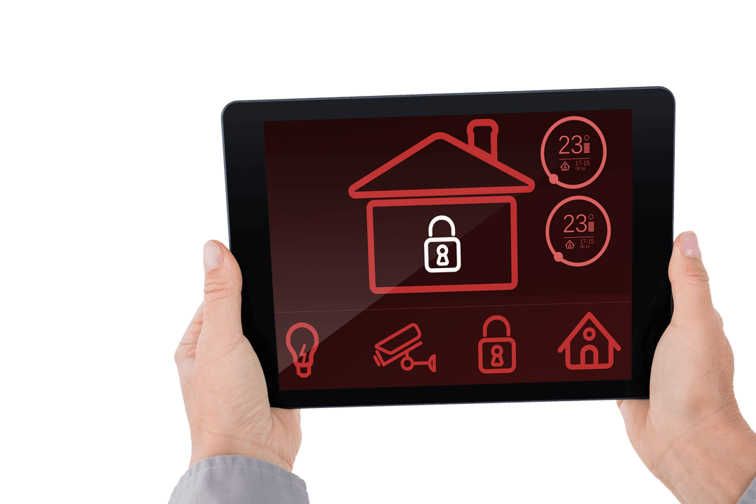 Hands Holding Digital Tablet with Smart Home Security Icons Transparent Background