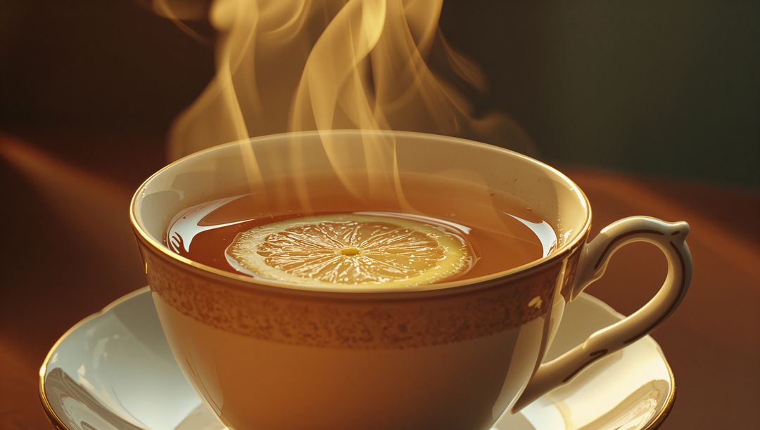 Steaming Teacup with Lemon Slice Capturing Warmth and Comfort