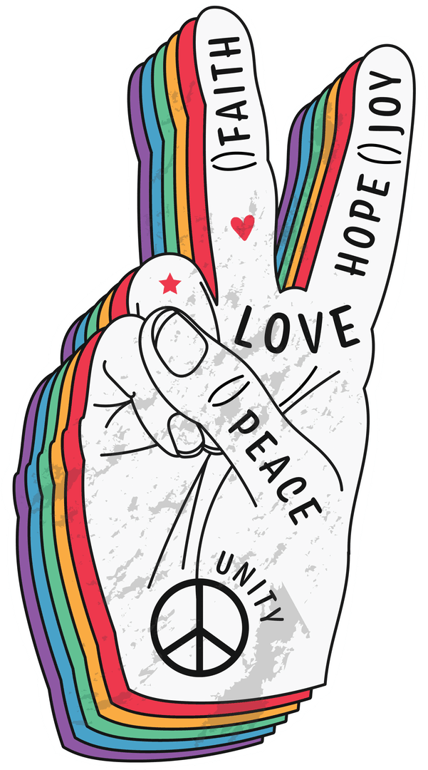 Transparent Peace Symbols Hand with Words of Love and Unity