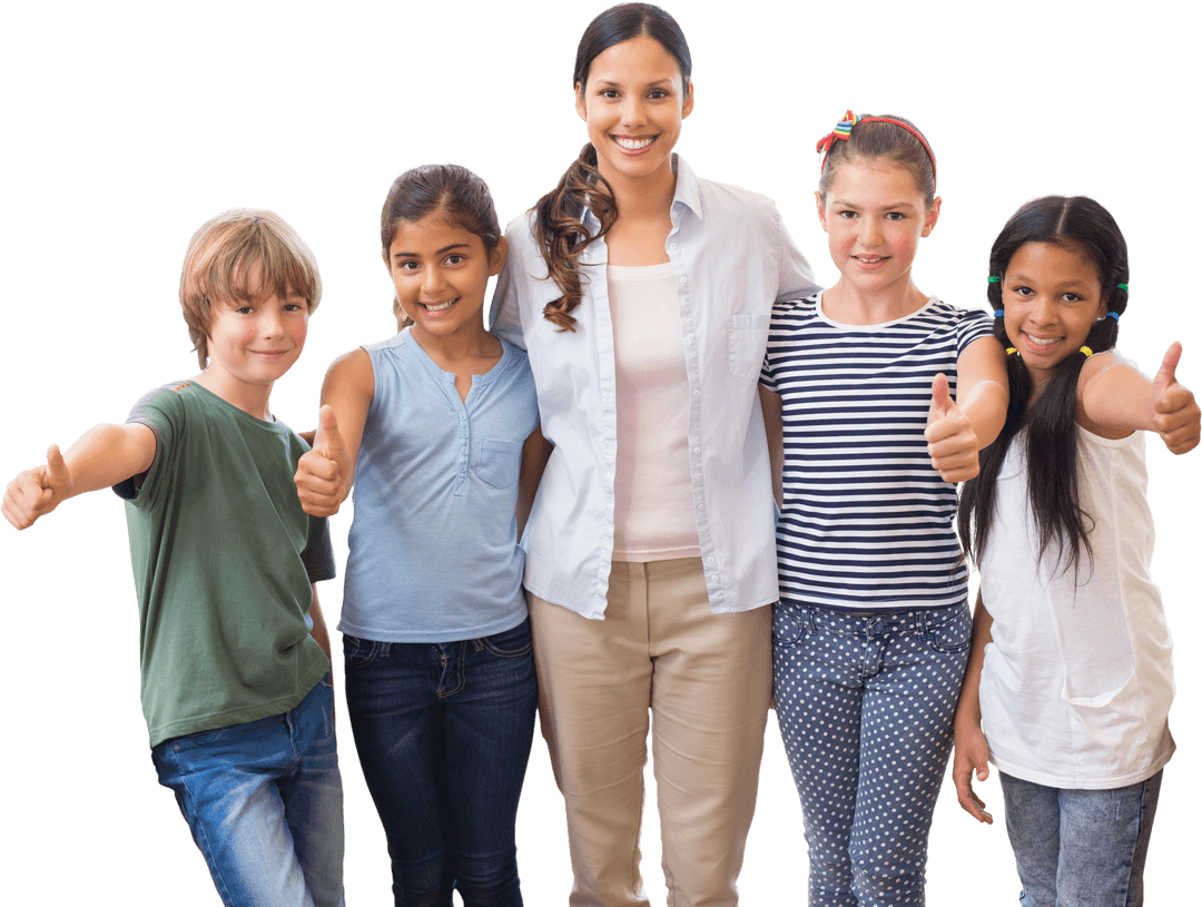 Friendly Teacher and Happy Students Showing Thumbs Up