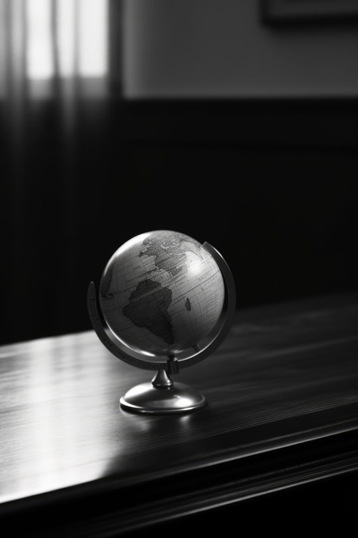 A monochrome image of a globe on a wooden surface, with copy space - Free Images, Stock Photos and Pictures on Pikwizard.com