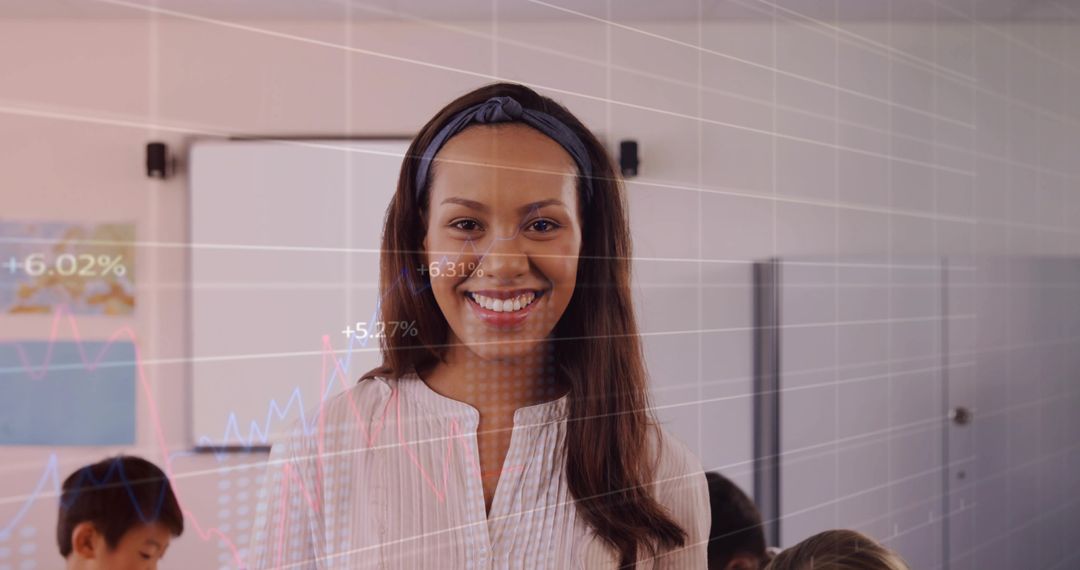Smiling teacher guiding students with digital data overlays and whiteboard in classroom