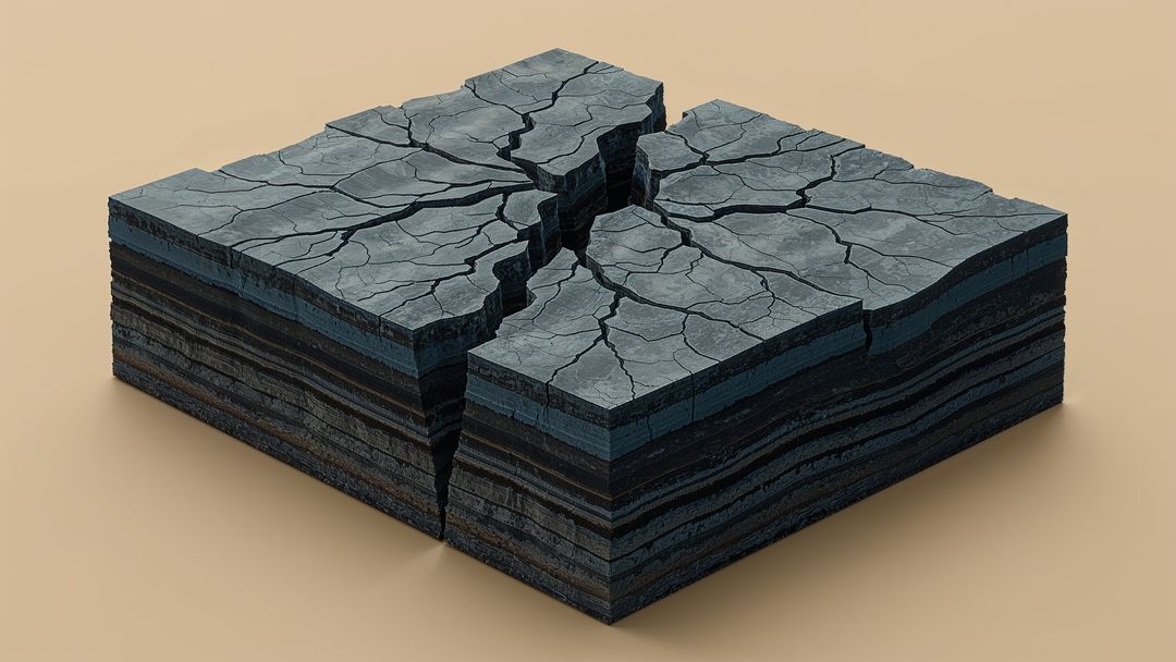 Geological layered block with earthquake fissure on beige background