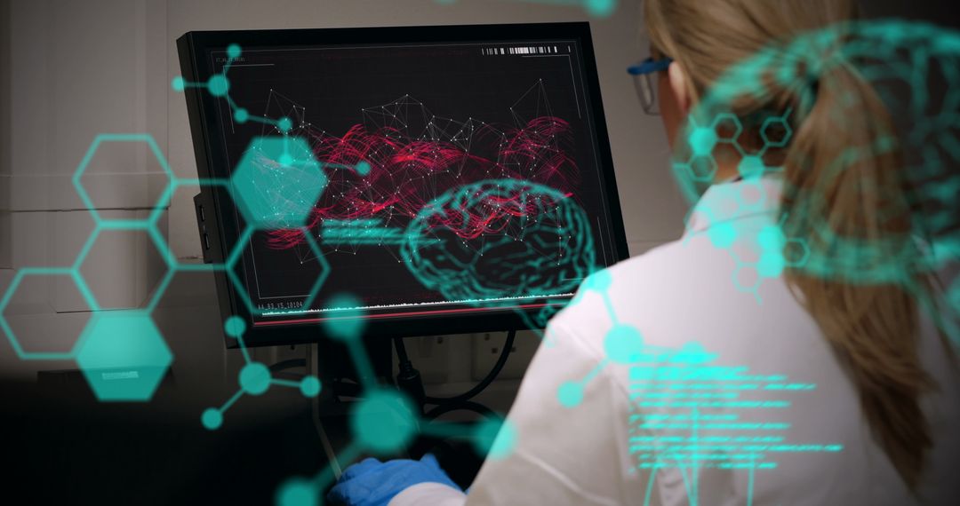 Female Scientist Analyzing Digital Brain Interface for Medical Research