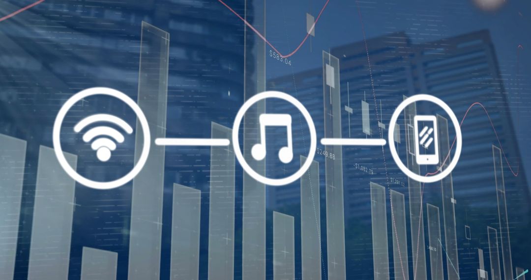 Digital Interface with Networking Icons Over Cityscape and Data Graphs - Free Images, Stock Photos and Pictures on Pikwizard.com