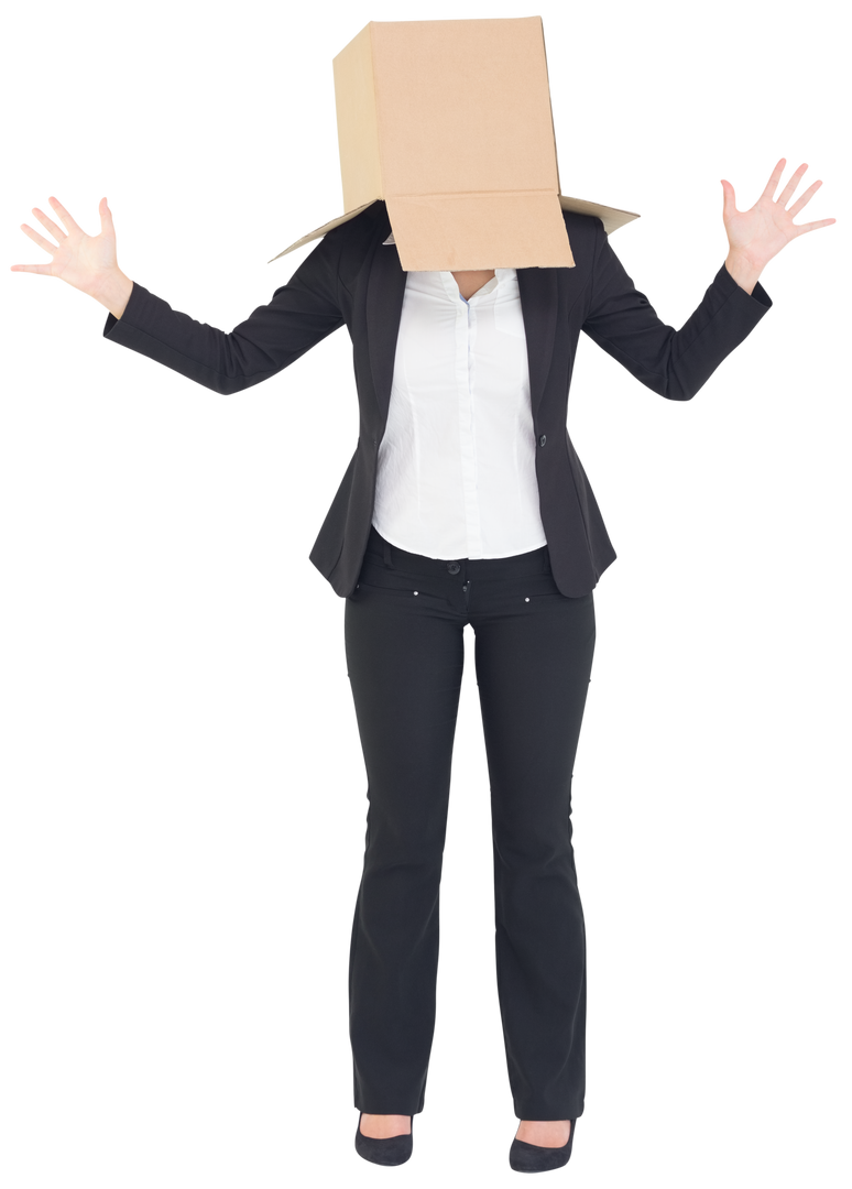 Businesswoman with Transparent Cardboard Box Over Head, Arms Raised - Download Free Stock Images Pikwizard.com