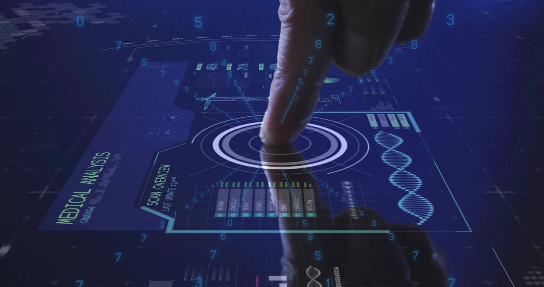 Pressing Finger Activating Holographic Medical Interface with DNA Helix and Diagnostic Data
