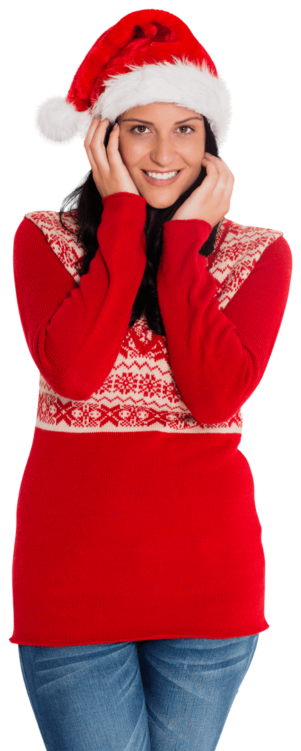 Smiling Woman in Santa Hat and Christmas Sweater on Transparent Background