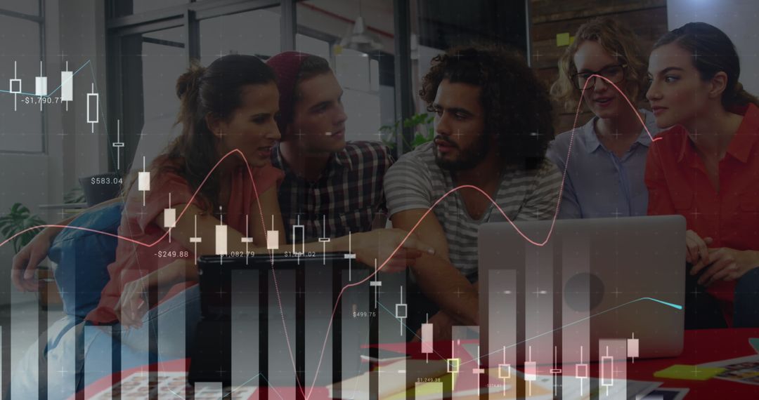 Diverse Team Collaborating with Financial Data Projections in Office