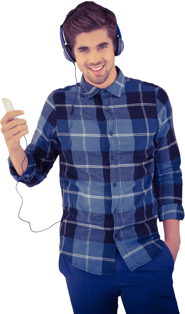 Transparent Hipster with Headphones and Phone in Hand