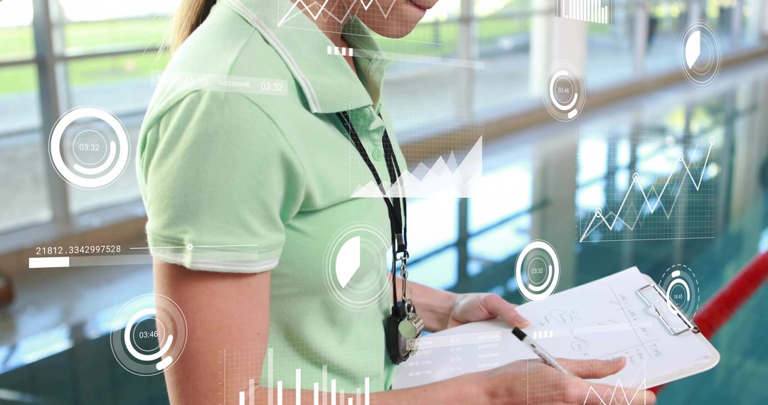 Lifeguard Recording Pool Data on Clipboard with Whistle and Digital Analytics Overlay