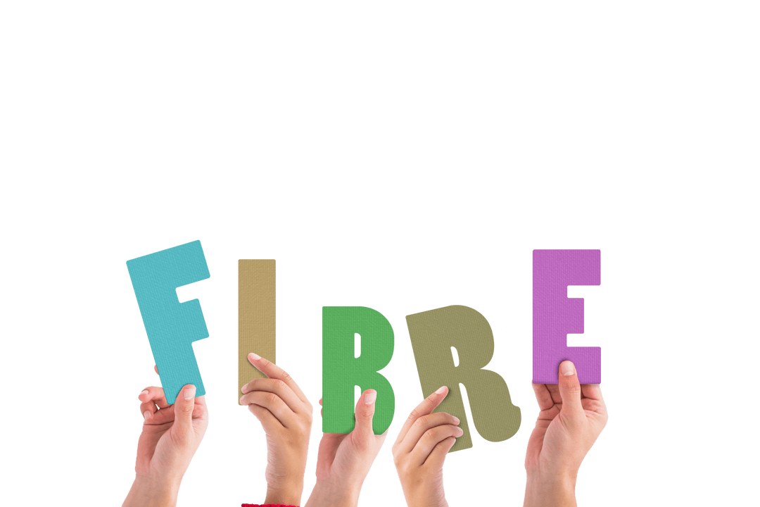 Hands Holding Colorful 'Fibre' Text on Transparent Background