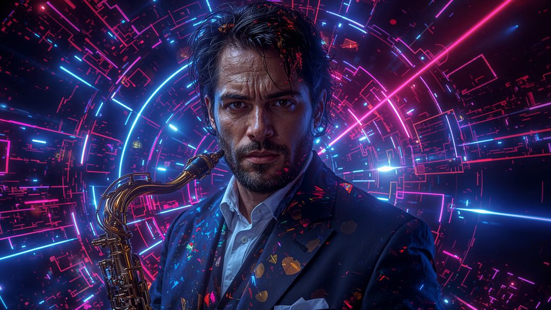 Futuristic Jazz Musician with Neon Circuit Backdrop