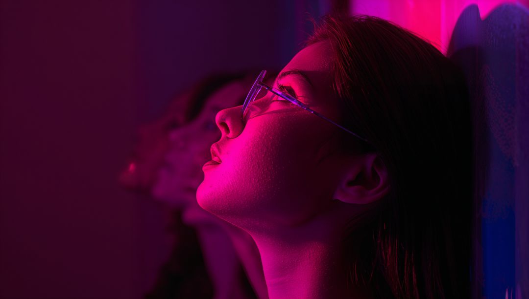 Introspective Woman with Glasses in Moody Neon Light
