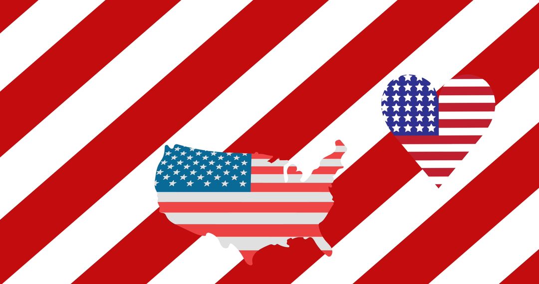American Flag Across Map and Heart on Red Striped Background