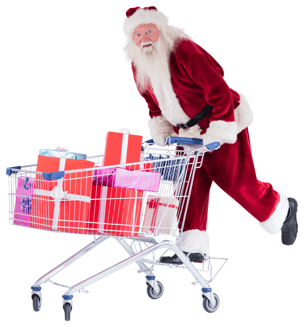 Playful Santa Riding Shopping Cart Loaded With Gift Boxes Transparent