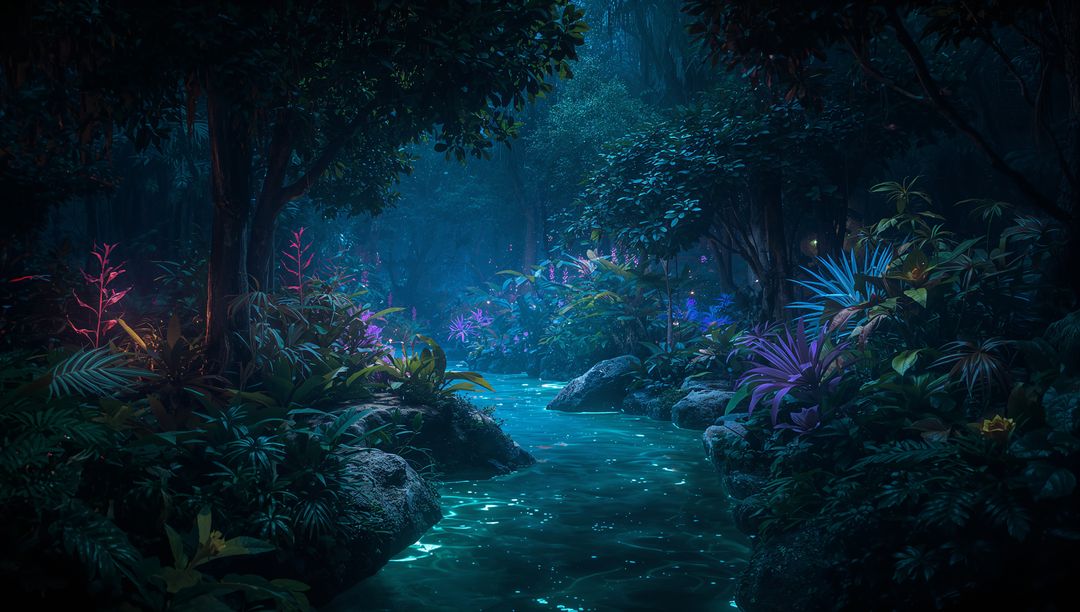 Mystical Bioluminescent Stream in Enchanted Night Forest
