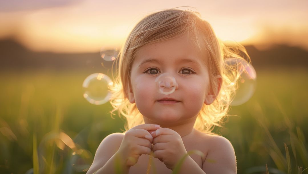 Toddler with Soap Bubbles at Sunset in Meadow