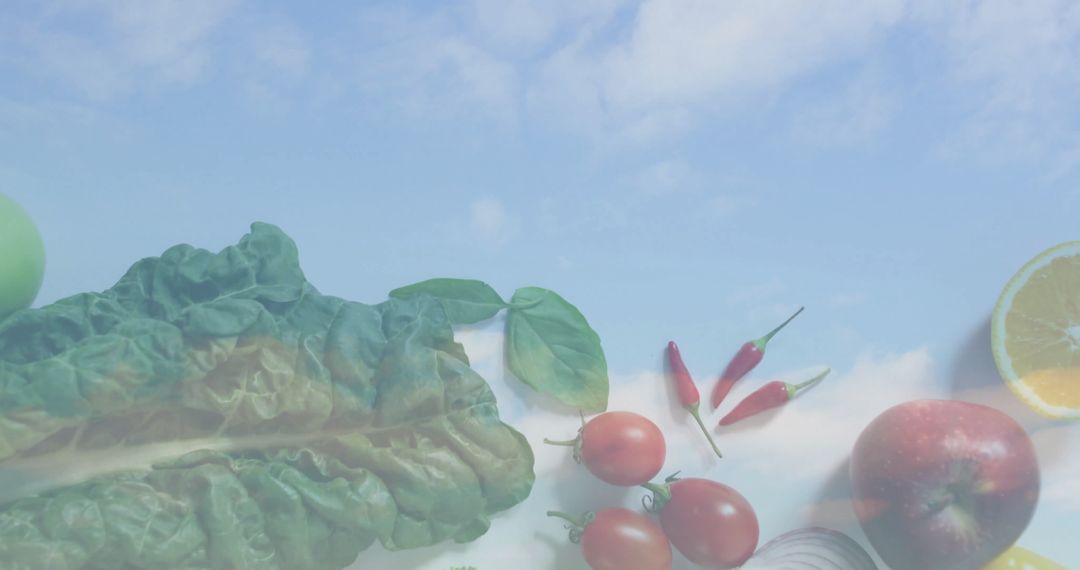 Floating Fresh Produce Against Clear Blue Sky Background