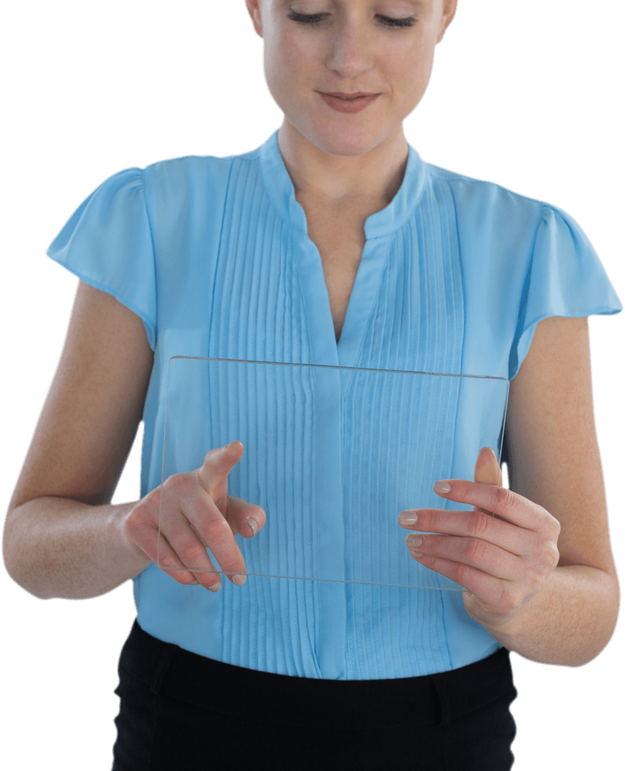Businesswoman Engaging with Transparent Glass Interface