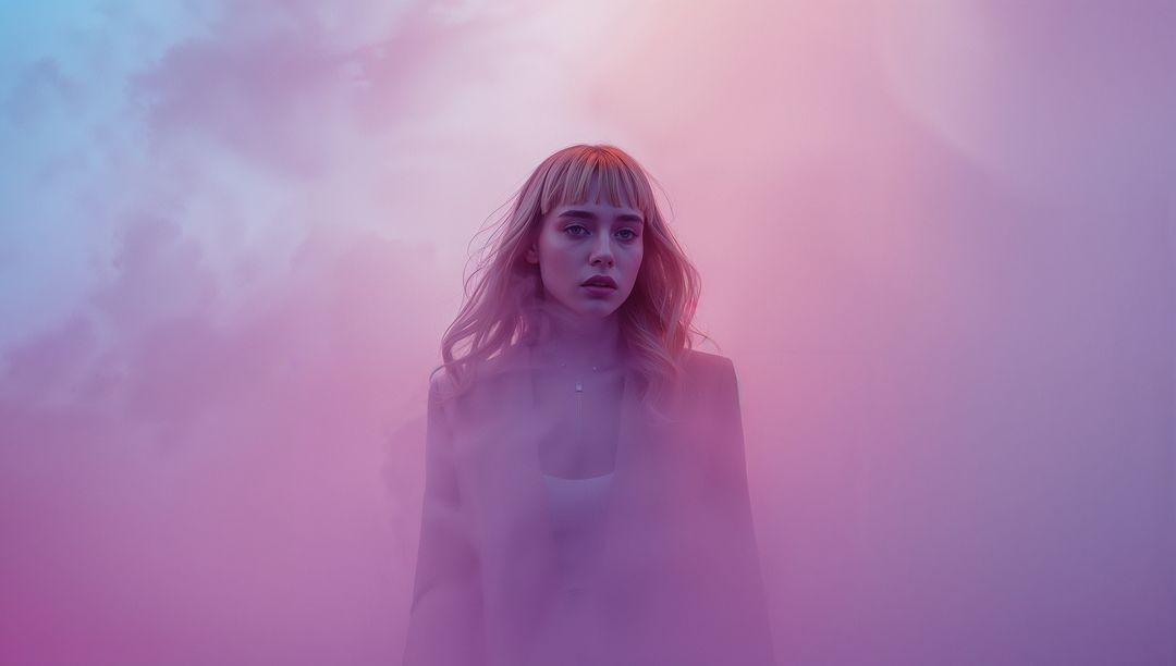 Woman in Pink Purple Mist Showcasing Abstract Elegance