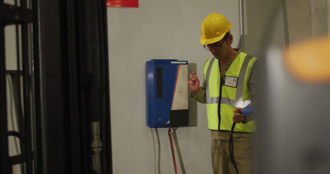 Asian male worker wearing safety suit with helmet in warehouse - Free Images, Stock Photos and Pictures on Pikwizard.com