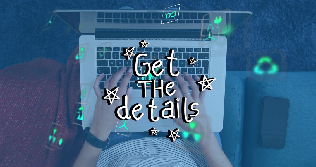 Get the Details Text Overlay on Woman Using Laptop