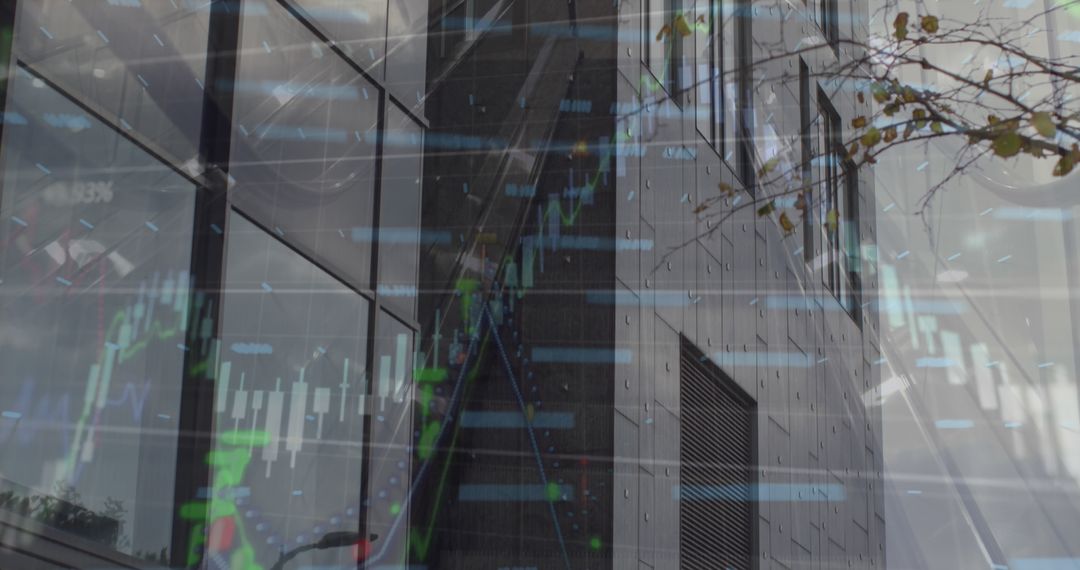 Digital Financial Data Overlaid on Modern High-rise Building