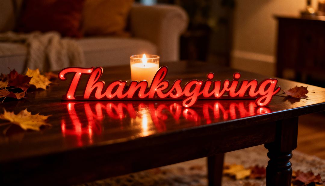 Glowing Thanksgiving Sign on Rustic Coffee Table Casting Warm Red Glow with Candlelight