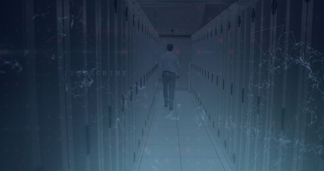 Engineer Walking Through Futuristic Data Center