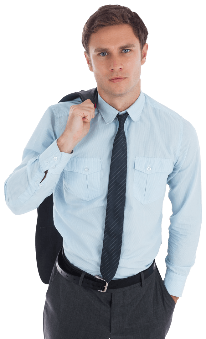 Confident Businessman Holding Jacket with Transparent Background