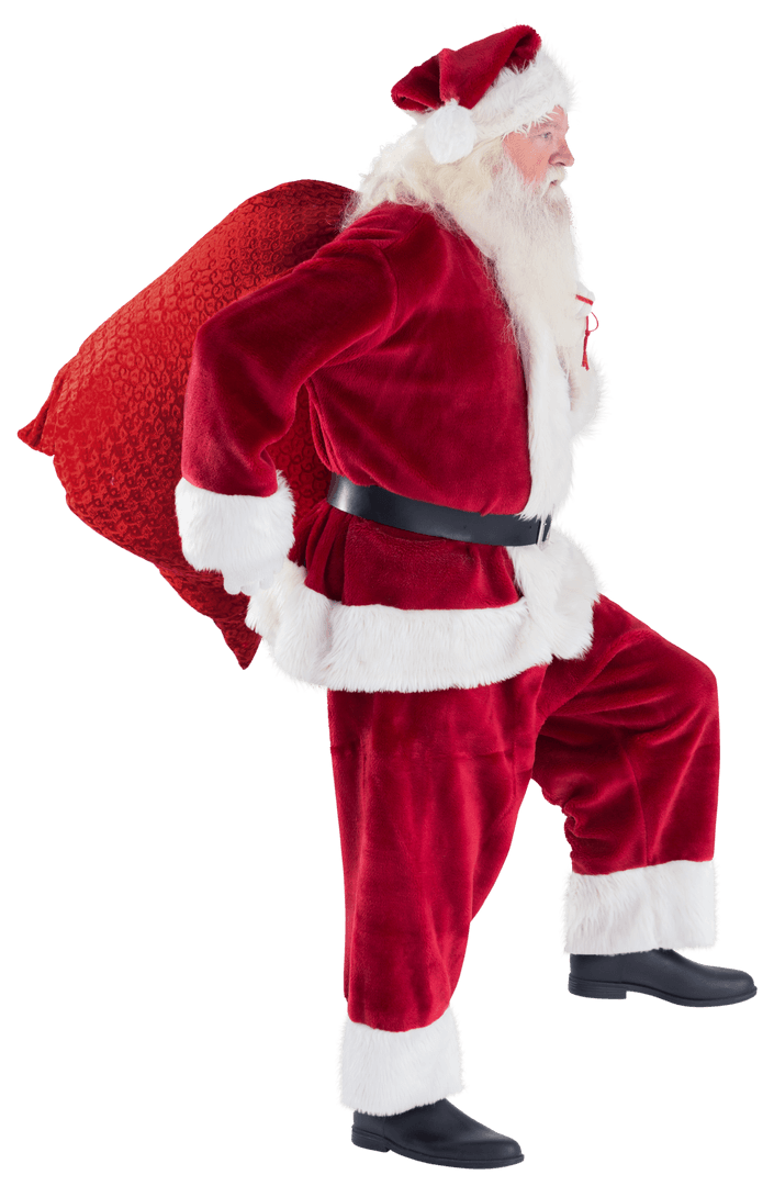 Transparent Santa Jumping Enthusiastically with Bag of Gifts