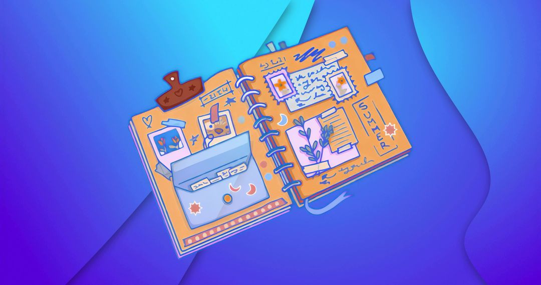 Artistic Journal with Nostalgic Scrapbook Elements on Blue Gradient Background